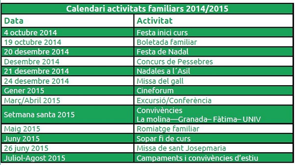Calendari activitats familiars 2013-2014 Club Valldaura